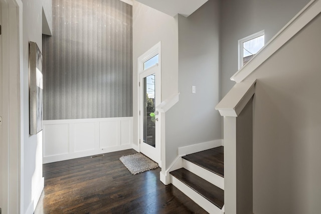 entryway with a wealth of natural light and dark wood-type flooring