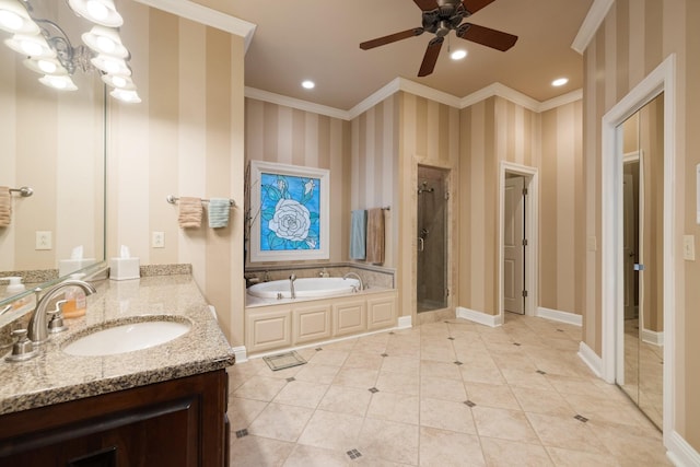 bathroom with ornamental molding, vanity, ceiling fan with notable chandelier, plus walk in shower, and tile patterned flooring