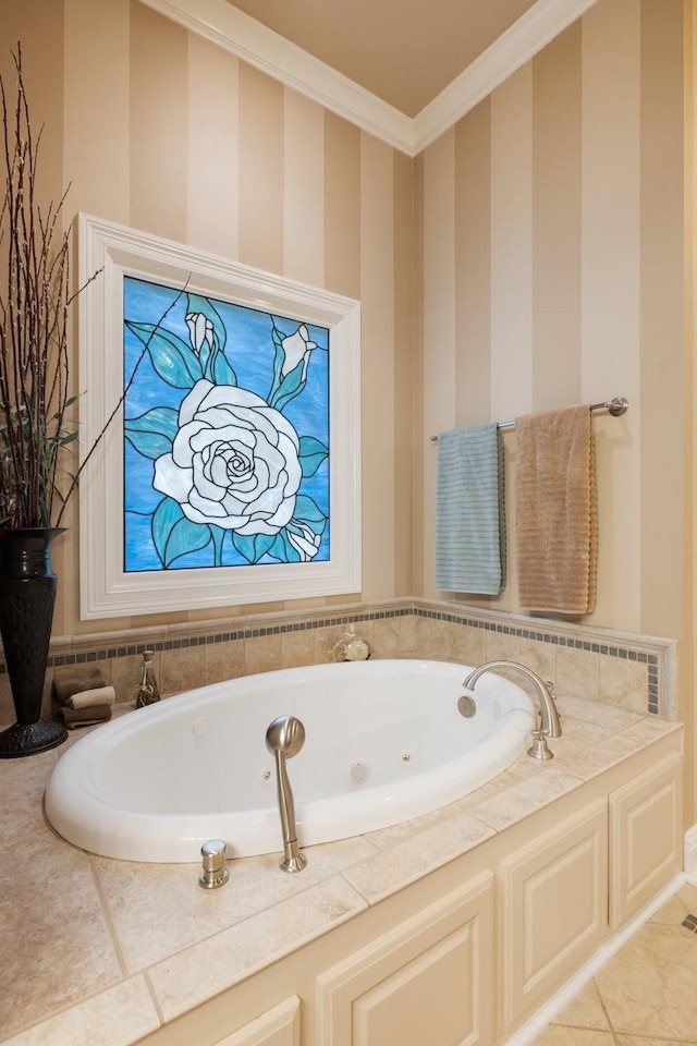 bathroom featuring ornamental molding, a bathing tub, and tile patterned floors