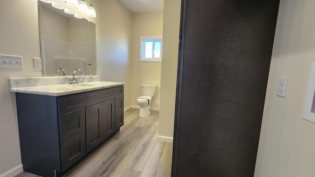 bathroom featuring toilet, vanity, wood-type flooring, and a shower