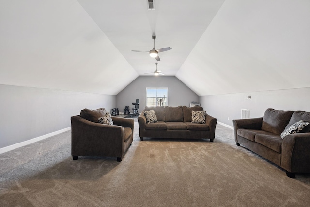 carpeted living room with vaulted ceiling and ceiling fan