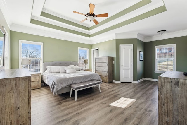 bedroom with ceiling fan, wood-type flooring, ornamental molding, and a raised ceiling