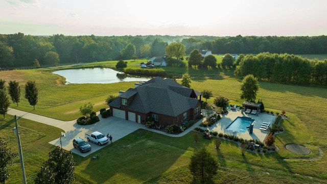 drone / aerial view with a water view