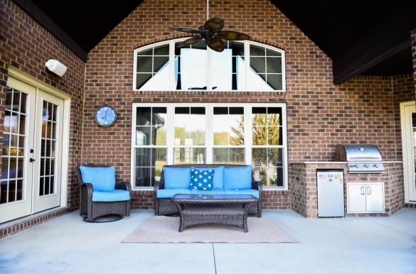 view of patio / terrace with area for grilling, outdoor lounge area, french doors, and ceiling fan