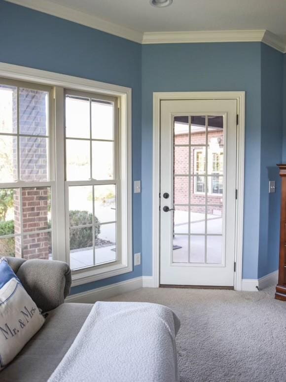 doorway to outside featuring crown molding, carpet, and a healthy amount of sunlight