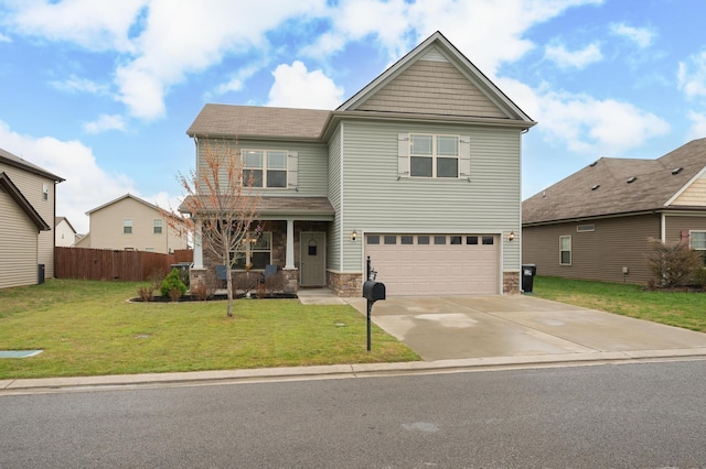 view of front of home featuring a front yard, a garage, and covered porch