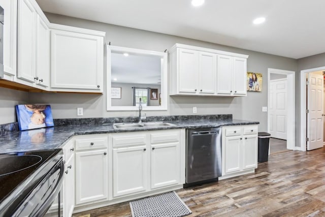 kitchen featuring stainless steel dishwasher, light hardwood / wood-style floors, white cabinets, and sink