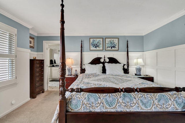 bedroom with crown molding and light carpet