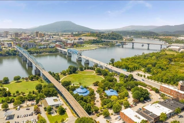 aerial view with a water and mountain view