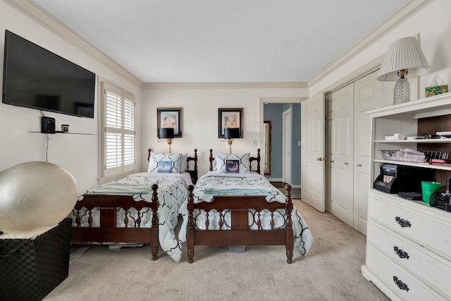 bedroom with ornamental molding and light carpet