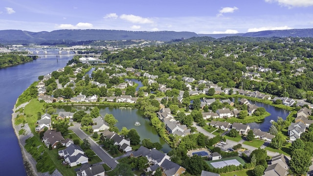 birds eye view of property featuring a water and mountain view