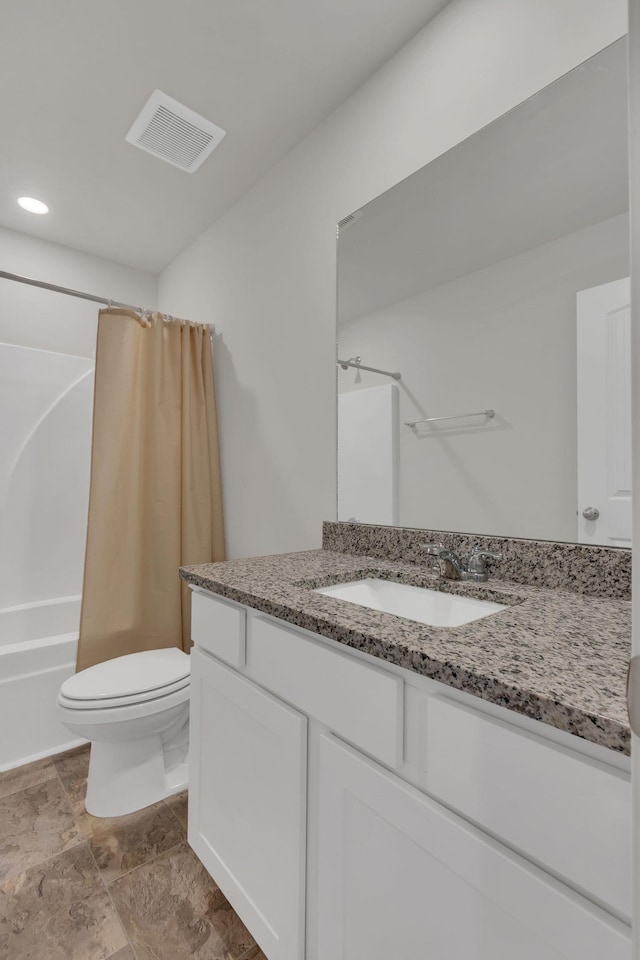 full bathroom with vanity, toilet, and shower / bathtub combination with curtain