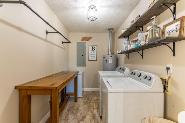 washroom with a textured ceiling, electric panel, separate washer and dryer, and gas water heater