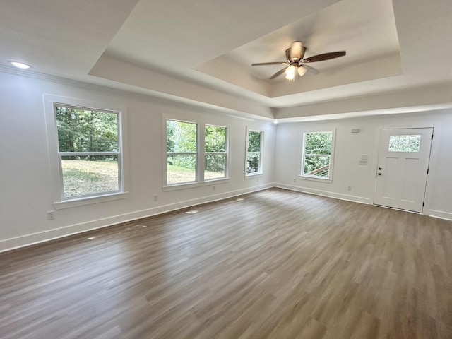 interior space with wood-type flooring, a raised ceiling, and ceiling fan