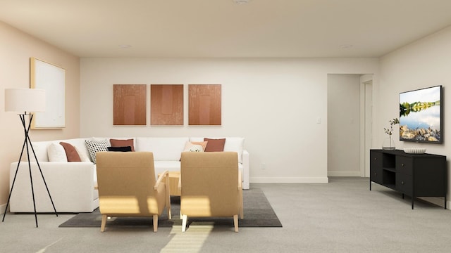 dining space featuring light carpet