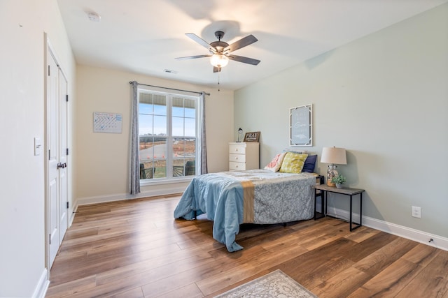 bedroom featuring ceiling fan, a closet, and wood-type flooring