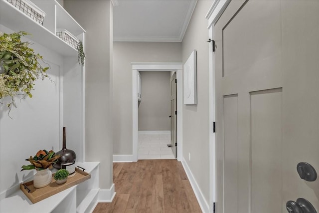 mudroom featuring light hardwood / wood-style floors and ornamental molding