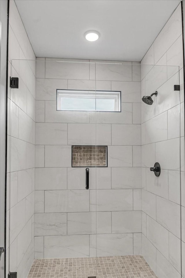 bathroom with a shower with door and a wealth of natural light