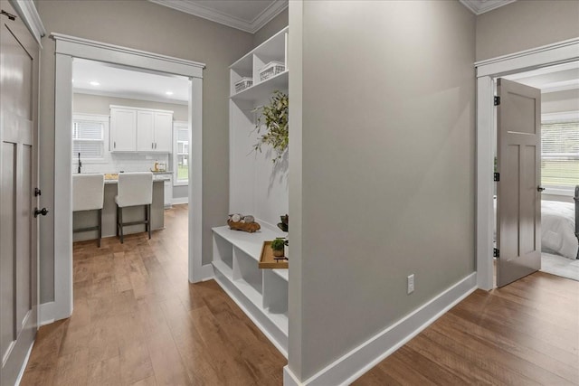 hallway featuring light wood-type flooring and crown molding