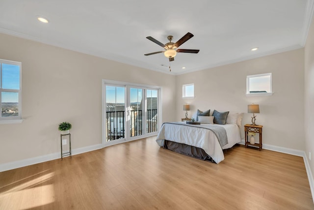 bedroom featuring ceiling fan, access to exterior, ornamental molding, and light hardwood / wood-style flooring