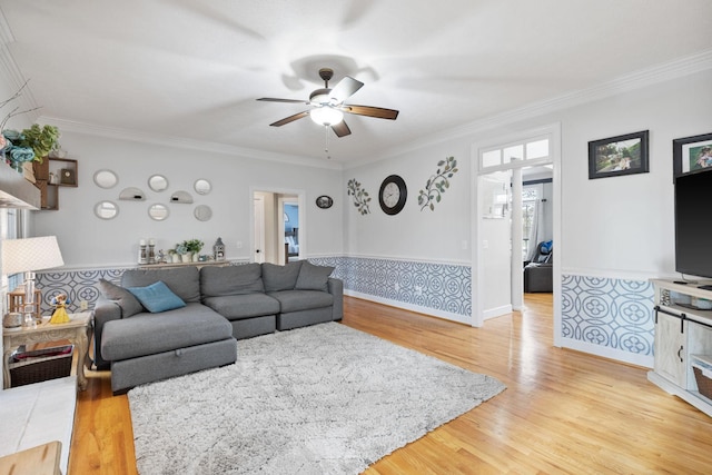 living room featuring ceiling fan, crown molding, and light hardwood / wood-style flooring