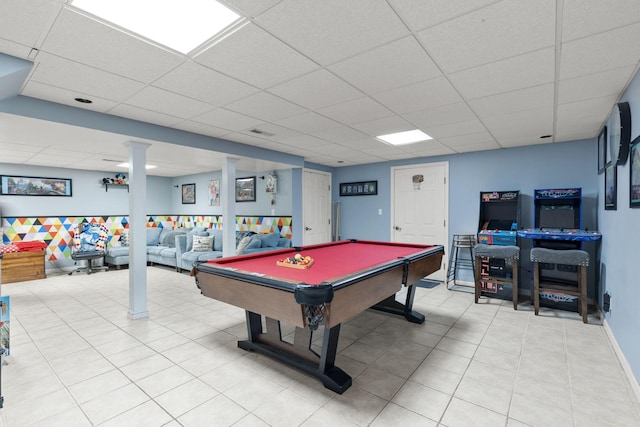 game room featuring a paneled ceiling and billiards