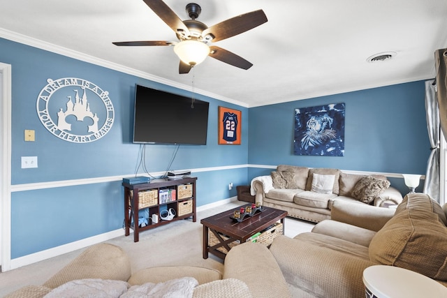 living room featuring light colored carpet, ceiling fan, and ornamental molding