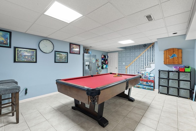 recreation room featuring a drop ceiling and billiards