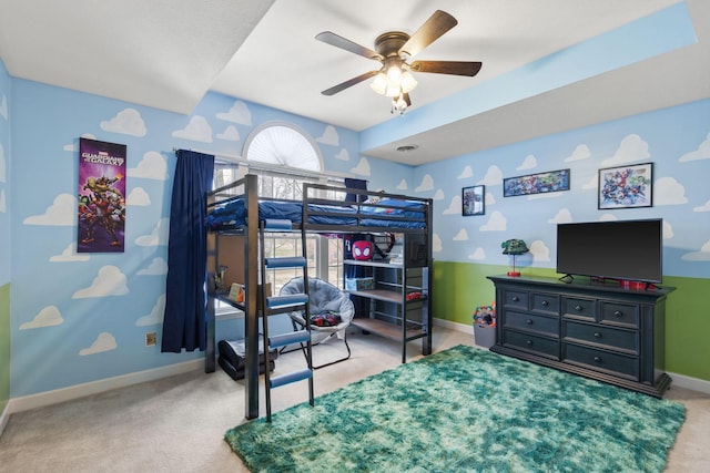 bedroom with ceiling fan and carpet