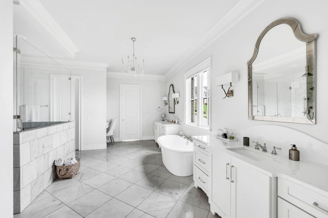 bathroom with crown molding, vanity, independent shower and bath, and a notable chandelier