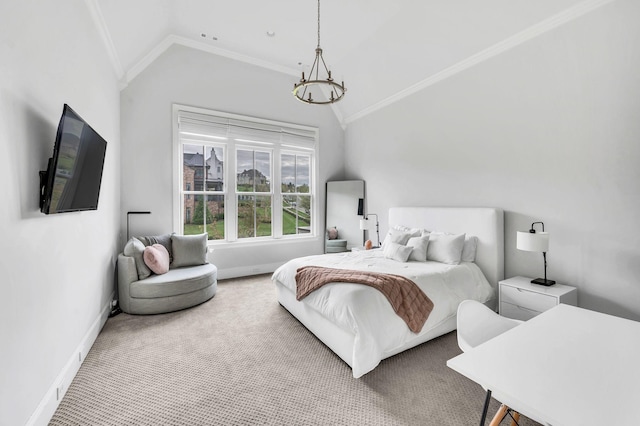 bedroom featuring carpet, crown molding, and lofted ceiling