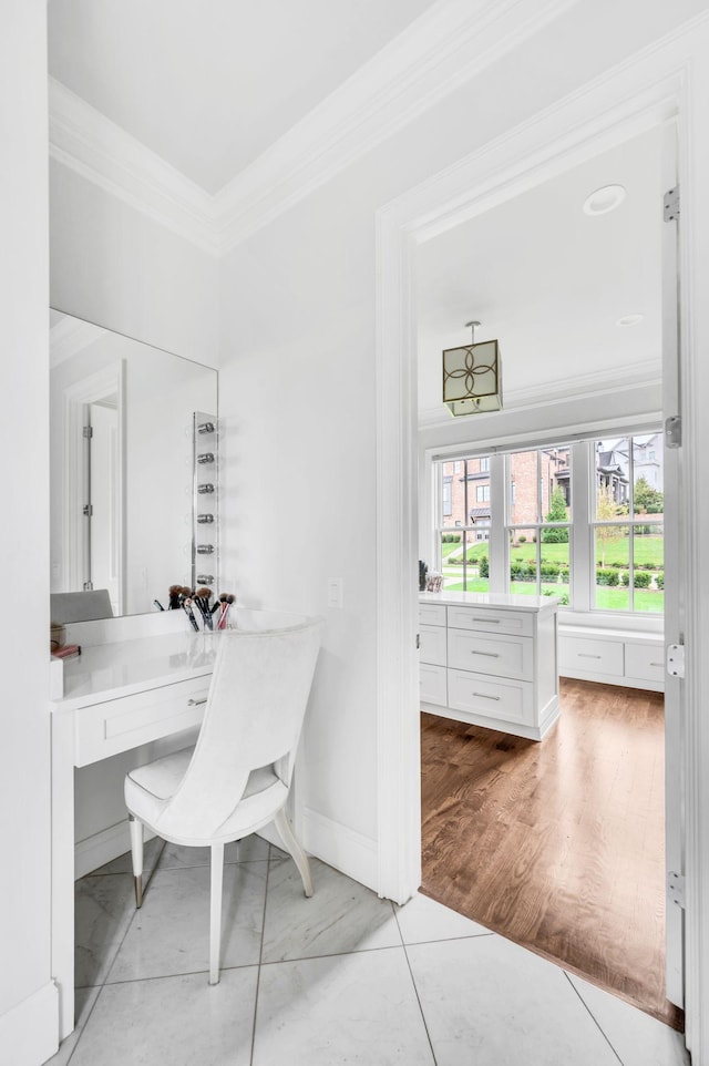 office space featuring light tile patterned floors and ornamental molding