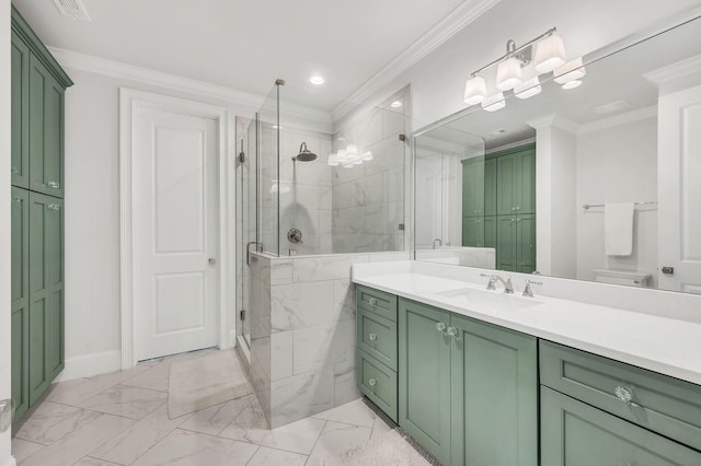 bathroom featuring crown molding, a shower with door, vanity, and toilet