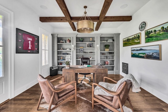 office area with beam ceiling, dark hardwood / wood-style flooring, and coffered ceiling