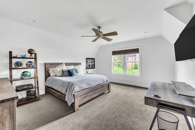 bedroom with carpet, ceiling fan, and lofted ceiling