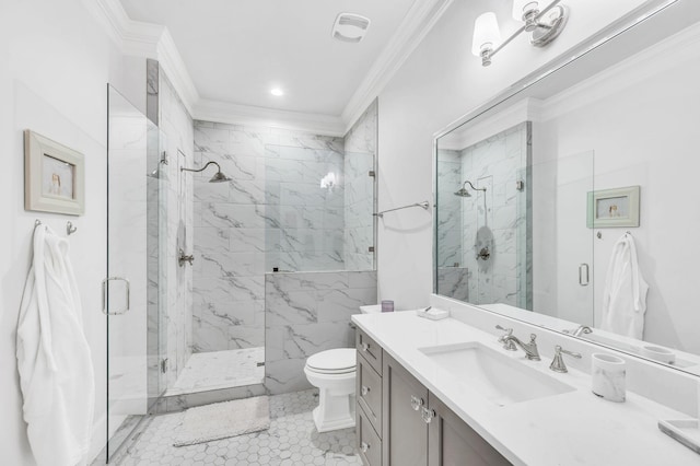 bathroom featuring toilet, vanity, an enclosed shower, and ornamental molding