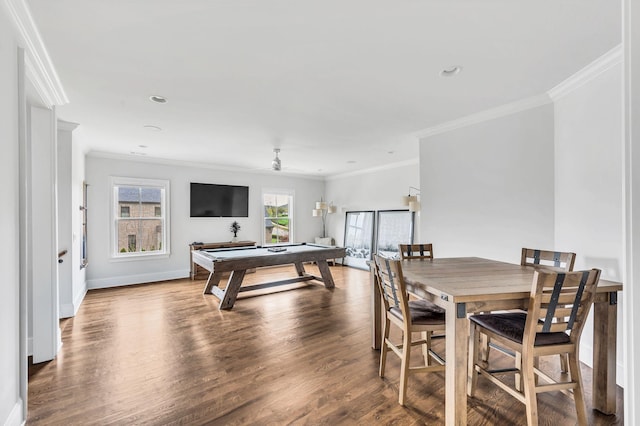 recreation room featuring wood-type flooring, ceiling fan, ornamental molding, and pool table