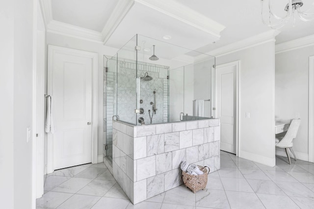 bathroom with an enclosed shower and crown molding