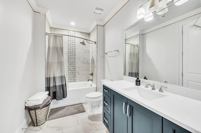 full bathroom featuring shower / bath combo with shower curtain, vanity, toilet, and ornamental molding