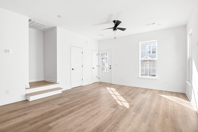 unfurnished living room featuring a wealth of natural light, light hardwood / wood-style floors, and ceiling fan