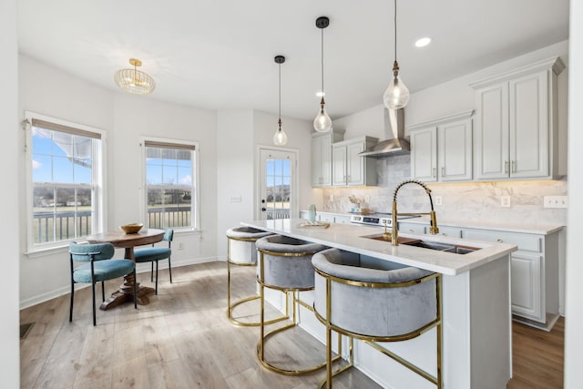 kitchen with decorative light fixtures, backsplash, a kitchen island with sink, light wood-type flooring, and wall chimney exhaust hood