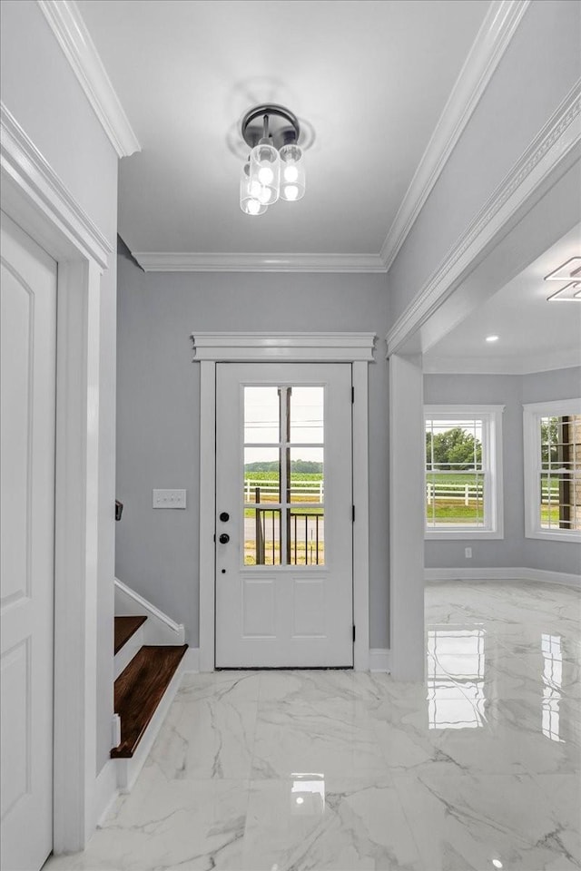 doorway to outside with crown molding