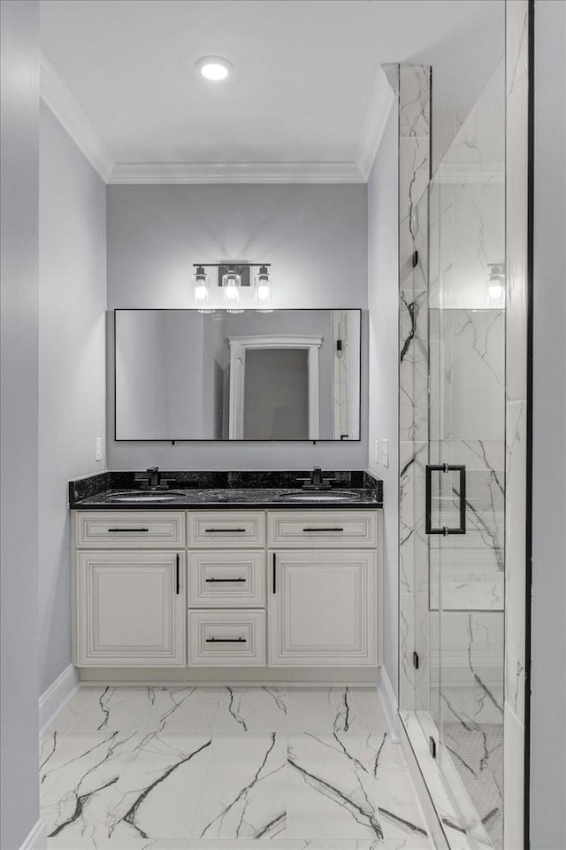 bathroom with vanity, an enclosed shower, and ornamental molding