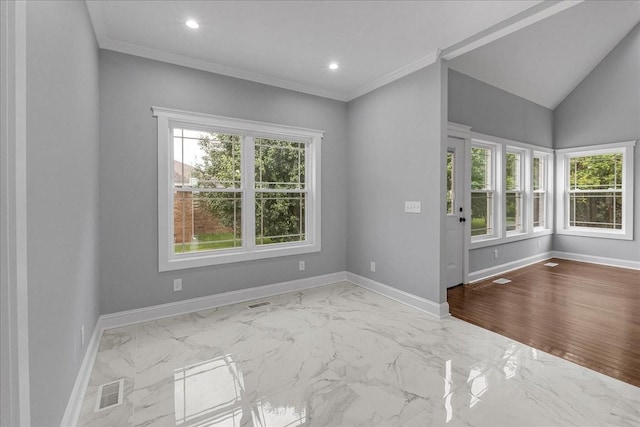 interior space with lofted ceiling and ornamental molding