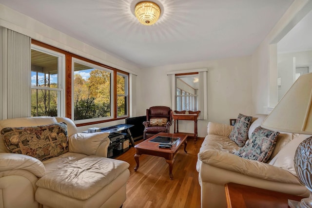 living room with light hardwood / wood-style flooring and a notable chandelier