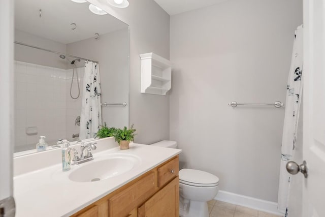 bathroom featuring tile patterned flooring, vanity, toilet, and walk in shower