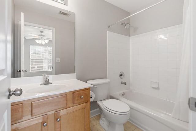 full bathroom with shower / bath combo, vanity, tile patterned flooring, ceiling fan, and toilet