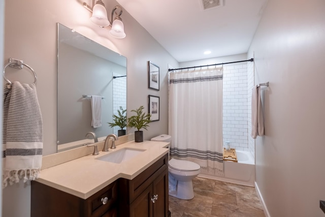 full bathroom with vanity, shower / bathtub combination with curtain, and toilet