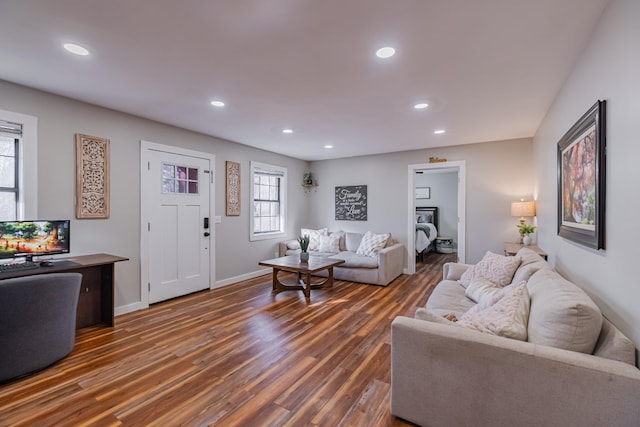 living room with dark hardwood / wood-style floors