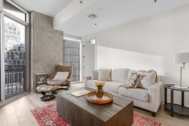 living room featuring plenty of natural light, expansive windows, and light hardwood / wood-style floors